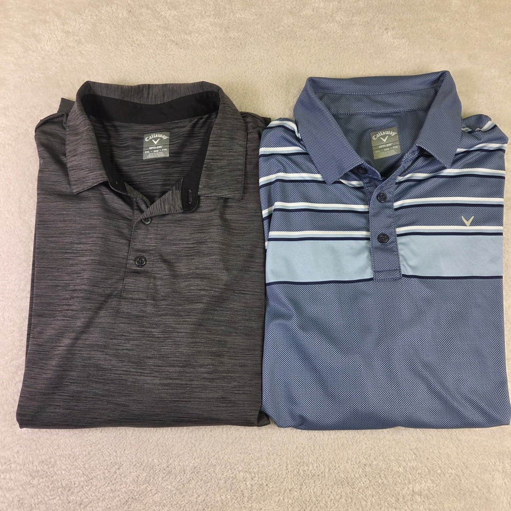 Lot of 2 Callaway Opti-Dri Golf Polos Mens XXL Gray Space Dye Blue Striped Short